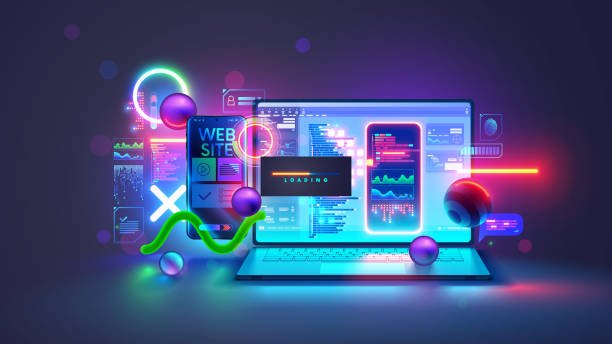 Futuristic screen displays representing AI in modern web development.